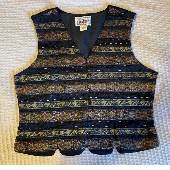 VTG TanTrums Whimsy Goth Striped Embroidered Metallic Button Up Cotton Vest Med - Picture 10 of 10